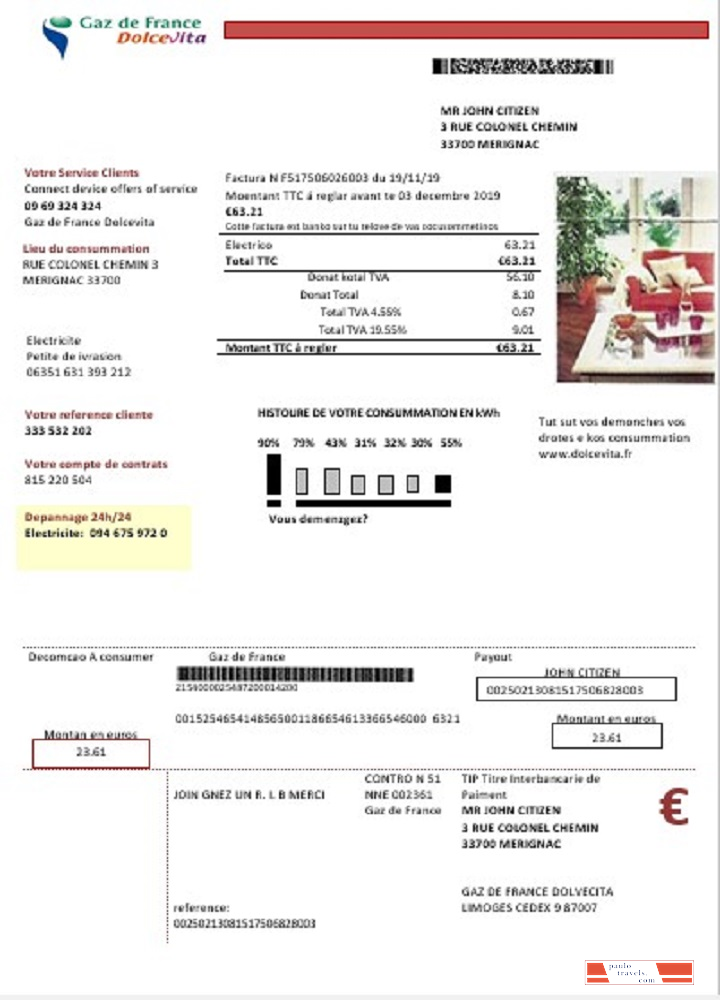France Gaz de France Dolcevita utility bill